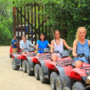 Adventurous tourists enjoying ATV rides, ziplining, horseback riding, and exploring cenotes in Cancun, Riviera Maya, and Playa del Carmen.